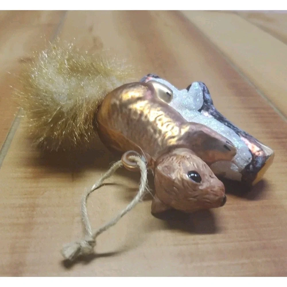 Squirrel Christmas Ornament Hand Blown‎ Glass Animal Plush Fur Tail 5